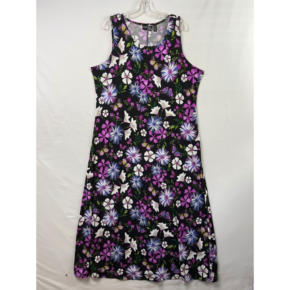 Attitudes by Renee Maxi Dress Womens 1X Black Floral Butterfly Sleeveless A-line